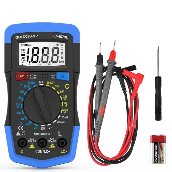 Capacitor Tester 2000pF~200uF, Capacitance Meter, LCR Meter, 200~2000M0 0hm Meter, hFE Test Multimeter with Restance, Manual Range, Backlight, Auto Power Off, Testing Meter Tool
