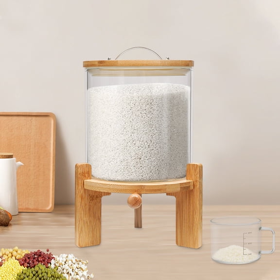 Capacity Airtight Glass Dry Food Storage Container Cereal Rice Dispenser w/Round Bamboo Lids & Cup & Stand (5L)