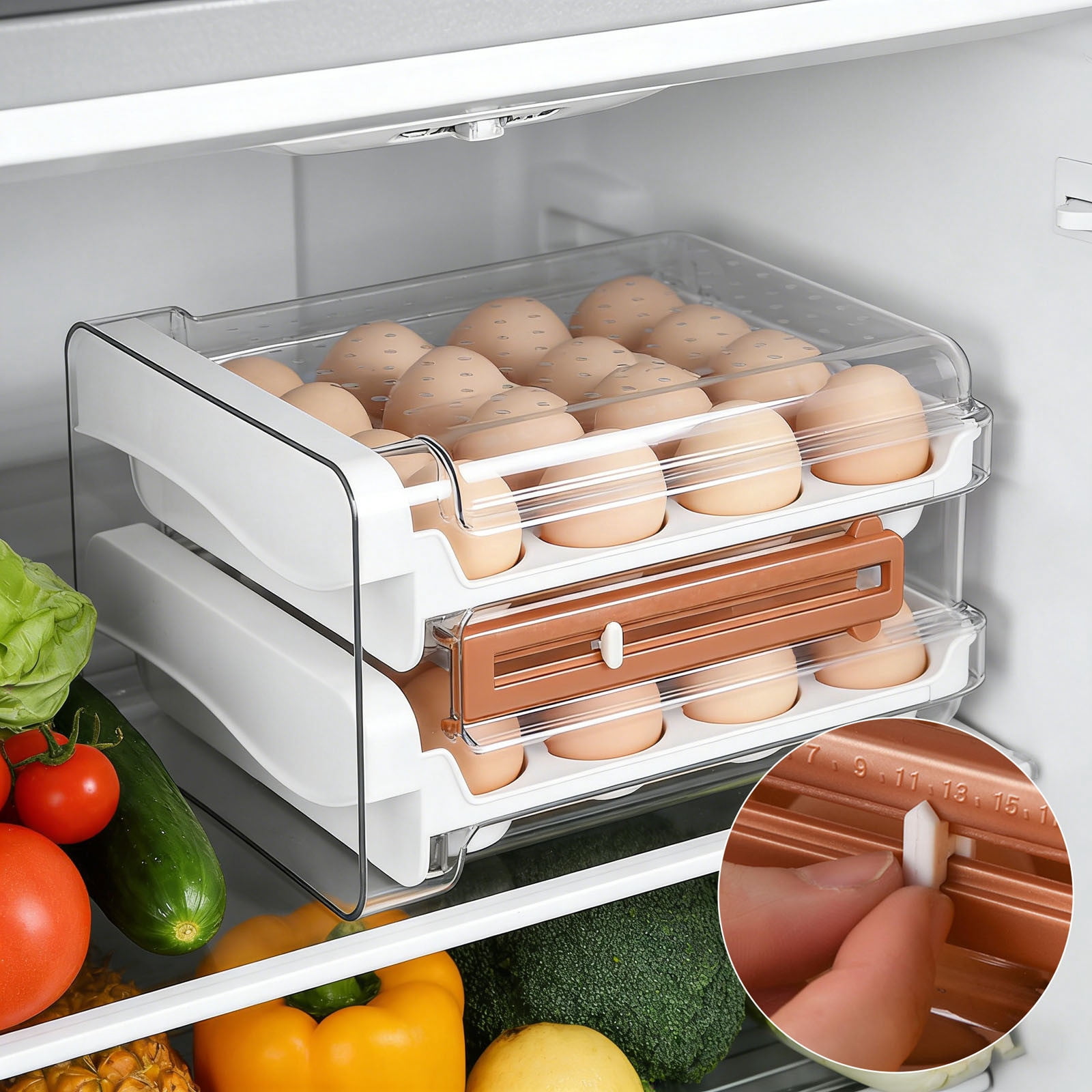 Capacity Egg Container for Refrigerator, Household Egg Holder for Fridge, Transparent 2 Drawers Chicken Egg Storage Container, White