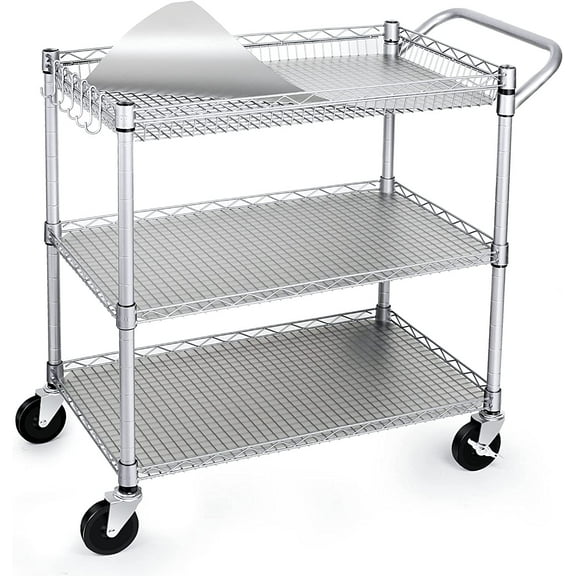 Capacity Heavy Duty Rolling Utility Cart, NSF Rolling Carts with Wheels,Commercial Grade Metal Cart with Handle Bar & Shelf Liner,Trolley Serving Cart for Restaurant,Kitchen