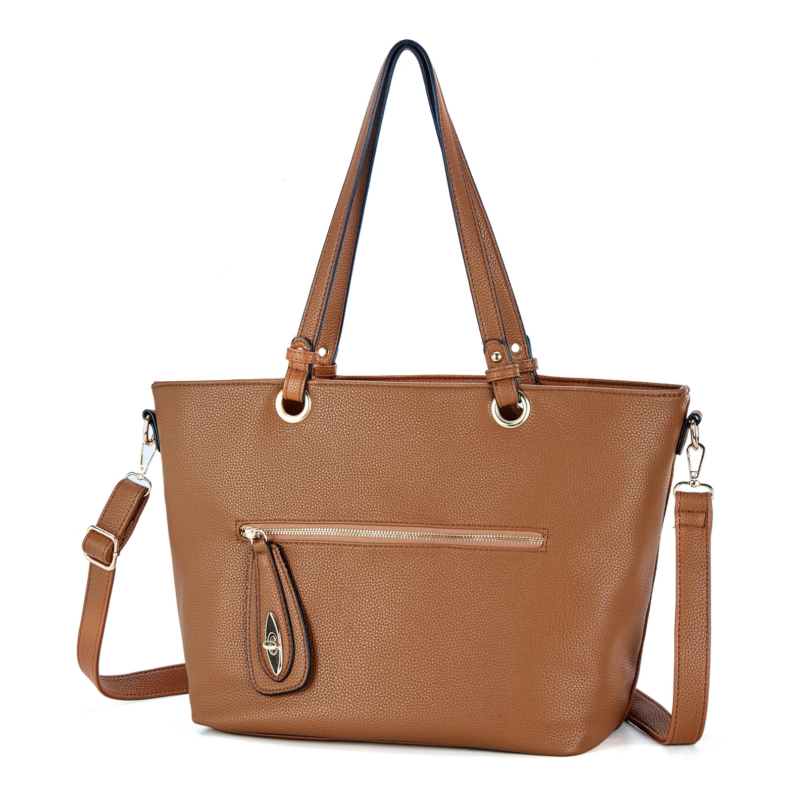 Capamaster Women's Faux Leather Tote Bag, Large Shoulder Handbag with Top Handles, Adjustable Crossbody Strap, Front Zipper Pocket, Brown