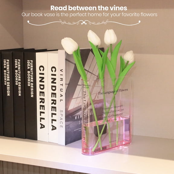 Capaso Acrylic Book Vase for Book Lovers, Cute Tabletop Vase, Pink
