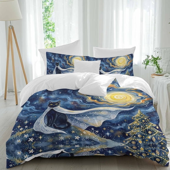 Cape Black Cat Comforter Set Queen Size, Abstract Dreamy Starry Night Golden Moon Stars Soft Bedding Set for Man Woman, 4 Pieces Duvet Cover Set with Fitted Sheet, 2 Pillowcases