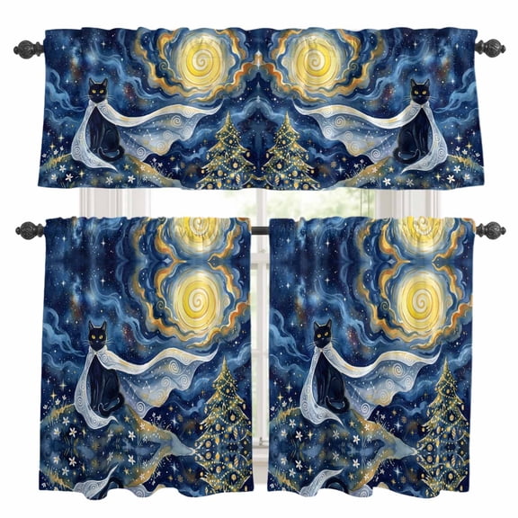 Cape Black Cat Kitchen Curtains Valances 3 Piece Set, Abstract Dreamy Starry Night Golden Moon Stars Rod Pocket Tier Curtain and Valance Drapes for Small Window 24 Inch Length for Bedroom Cafe