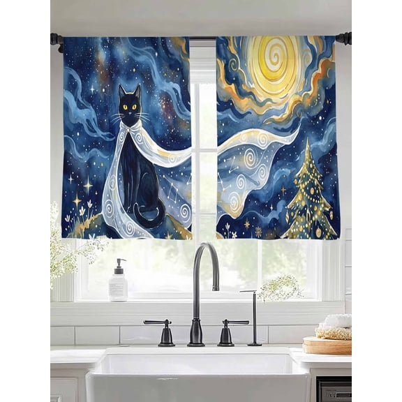 Cape Black Cat Sheer Curtains 45 inches Long, Abstract Dreamy Starry Night Golden Moon Stars Light Filtering Sheer Window Curtains Rod Pocket Voile Drapes for Bedroom Living Room, 2 Panels