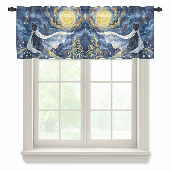 Cape Black Cat Sheer Valances for Windows, Abstract Dreamy Starry Night Golden Moon Stars Semi Sheer Kitchen Valance Rod Pocket Small Voile Window Curtains for Living Room Bedroom 42 x 12 Inch