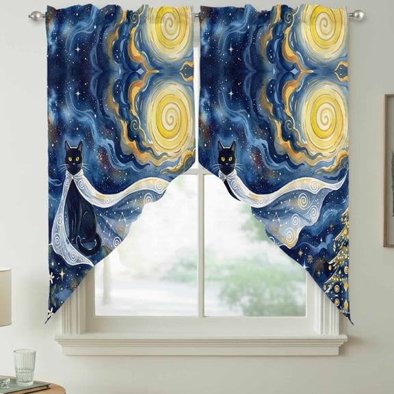 Cape Black Cat Swag Kitchen Curtain Valances, Abstract Dreamy Starry Night Golden Moon Stars Rod Pocket Curtains Window Treatment Decor Valances for Bedroom Bathroom, 2 Panels 28 x 36 Inch