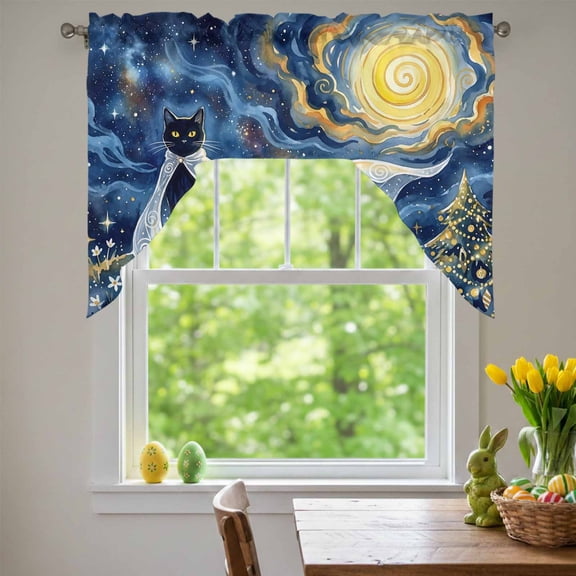 Cape Black Cat Swag Valances for Kitchen Window, Abstract Dreamy Starry Night Golden Moon Stars Small Swag Valances Rod Pocket Curtain Drapes Window Treatment for Bedroom Bathroom, 56x36 Inch