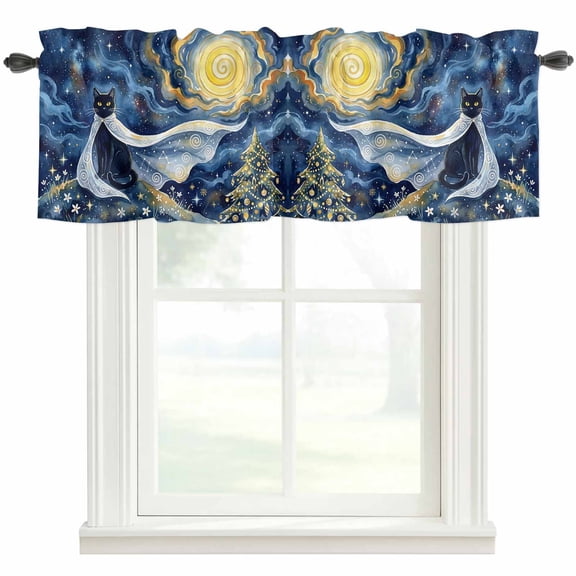 Cape Black Cat Valances for Windows Abstract Dreamy Starry Night Golden Moon Stars Rod Pocket Curtain Valance Window Treatment Short Curtains for Kitchen Living Room, 42"x12"