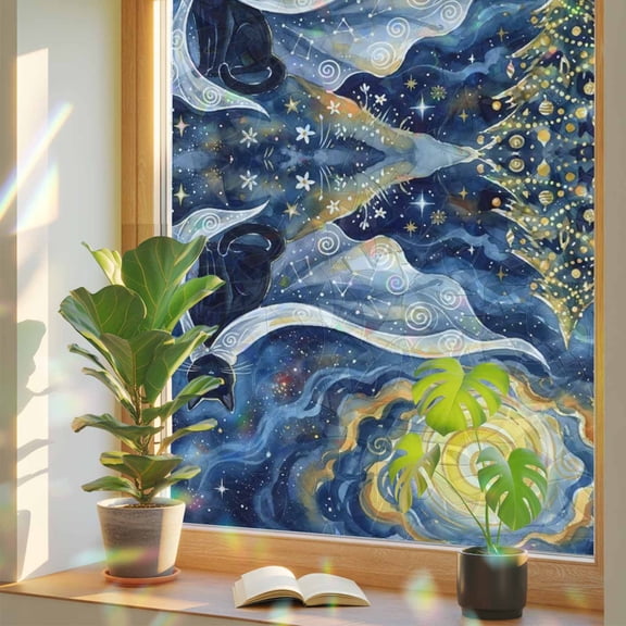Cape Black Cat Window Privacy Film, Abstract Dreamy Starry Night Golden Moon Stars Stained Glass Rainbow Film Decorative Window Clings, Static Cling Sun Blocking Stickers 19.6" x 39.3"