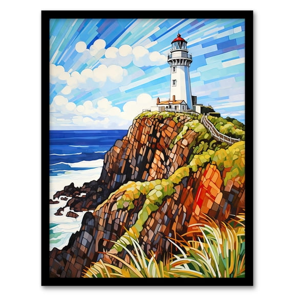 Cape Byron Australia Vibrant Artwork Iconic Lighthouse Atop Cliffs Coastal Landscape Art Print Framed Poster Wall Decor 12x16 inch