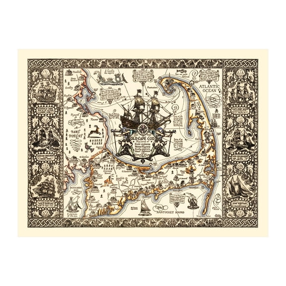 Cape Cod Art, 1930 Vintage Map of Cape Cod History Wall Decor Gift, Old Cape Cod Map - 36" x 24" Unframed Print