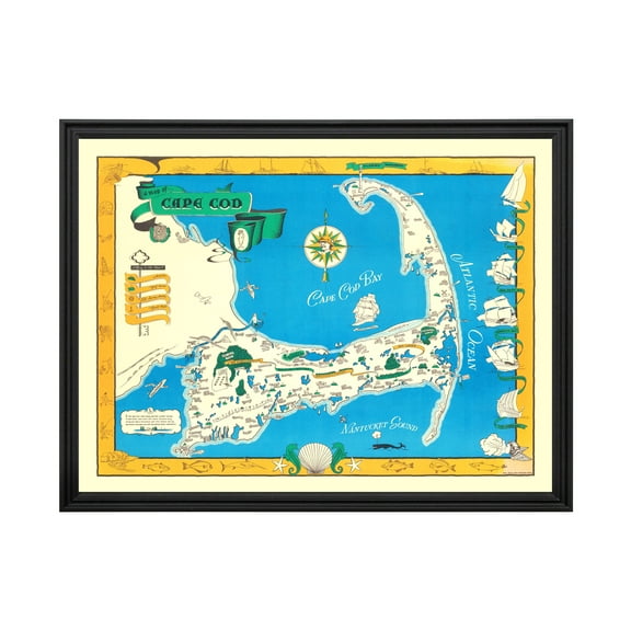 Cape Cod Art, 1940 Vintage Map of Cape Cod History Wall Decor Gift, Old Cape Cod Map - 24" x 18" Black Framed Print