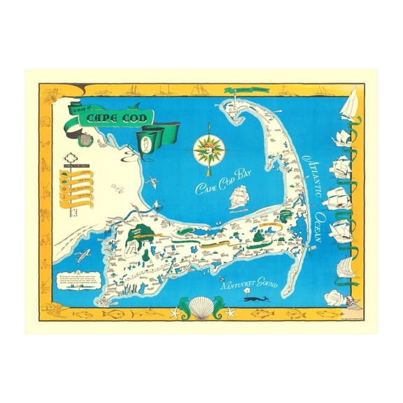 Cape Cod Art, 1940 Vintage Map of Cape Cod History Wall Decor Gift, Old Cape Cod Map - 24" x 18" Unframed Print