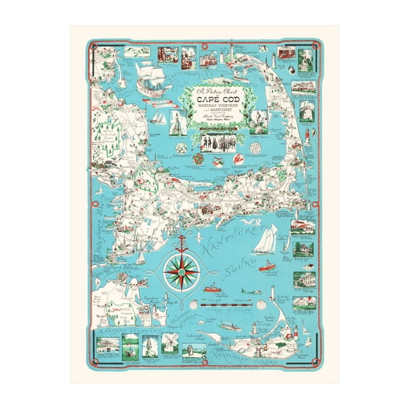 Cape Cod Art, 1955 Vintage Map of Cape Cod History Wall Decor Gift, Old Cape Cod Map - 18" x 24" Unframed Print