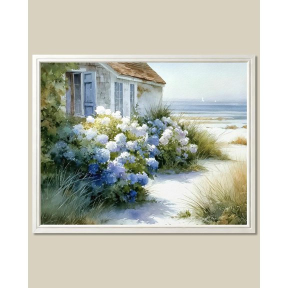 Cape Cod Coastal Cottage Art Print Hydrangea Garden New England Landscape Wall Art Poster, Poster Only