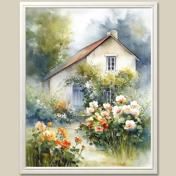 Cape Cod Cottage Art Print Coastal Rose Garden Portrait Decor Gallery Room Bedroom