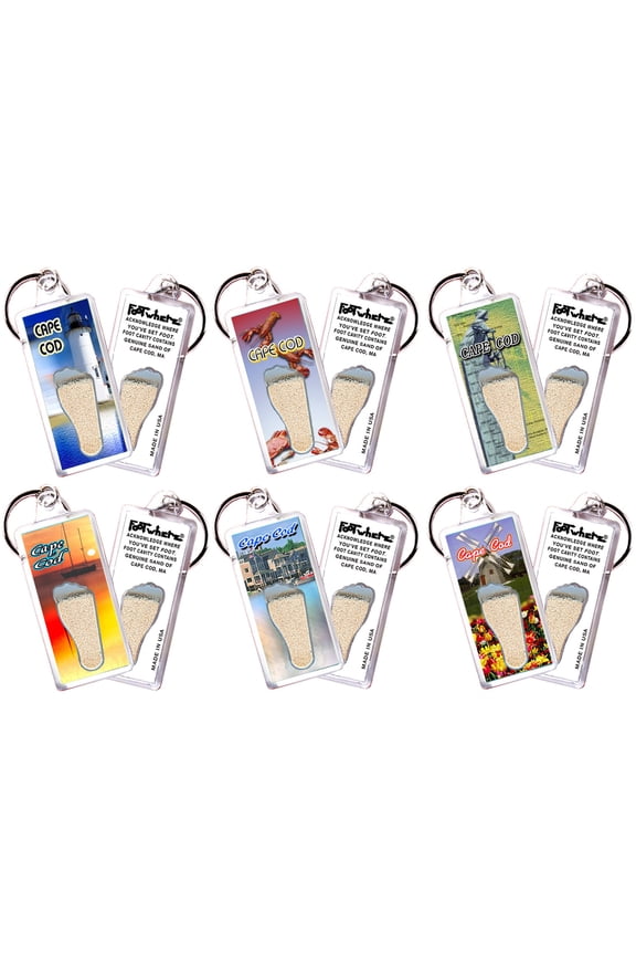 Cape Cod FootWhere Souvenir Keychains. (CPC100 - Assorted) 6 Piece Set.