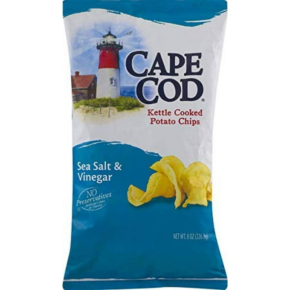 Cape Cod Kettle Cooked Potato Chips- All Natural and Kettle Cooked 8 oz. Bags (Sea Salt & Vinegar, 6 Bags)