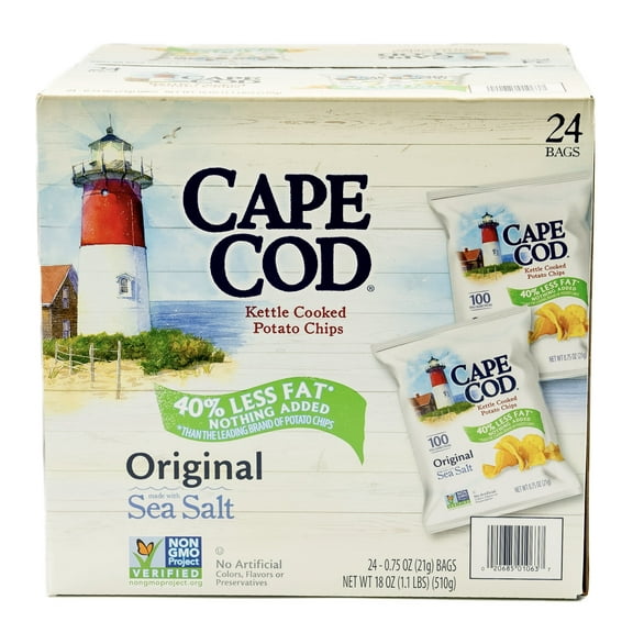 Cape Cod Kettle Cooked Potato Chips, Original Flavor, 40% Reduced Fat, 24 - 0.75 oz Bags.