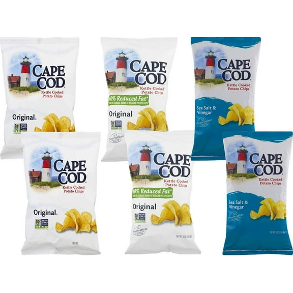 Cape Cod Kettle Cooked Potato Chips- Satisfying, All Natural and Kettle Cooked 8 oz. Bags (Variety, 6 Bags)