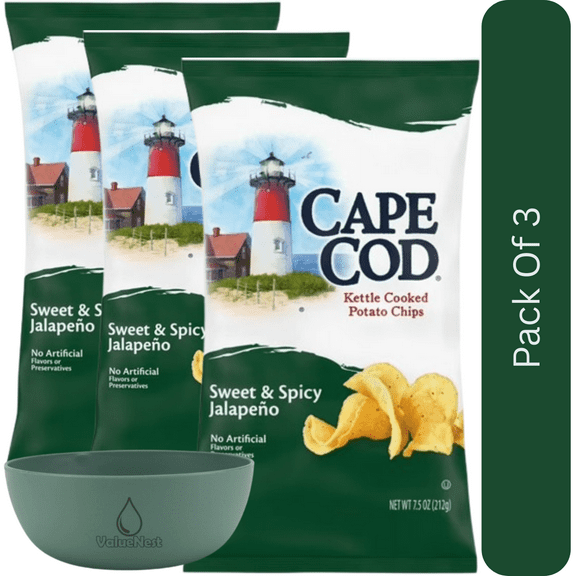 Cape Cod Kettle Cooked Sweet & Spicy Jalapeno Potato Chips, 7.5 oz Snack Bag With Olive Green Bowl By ValueNest