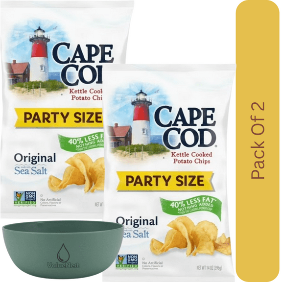 Cape Cod Less Fat Original Kettle Cooked Potato Chips, 14 oz Bag With Olive Green Bowl By ValueNest