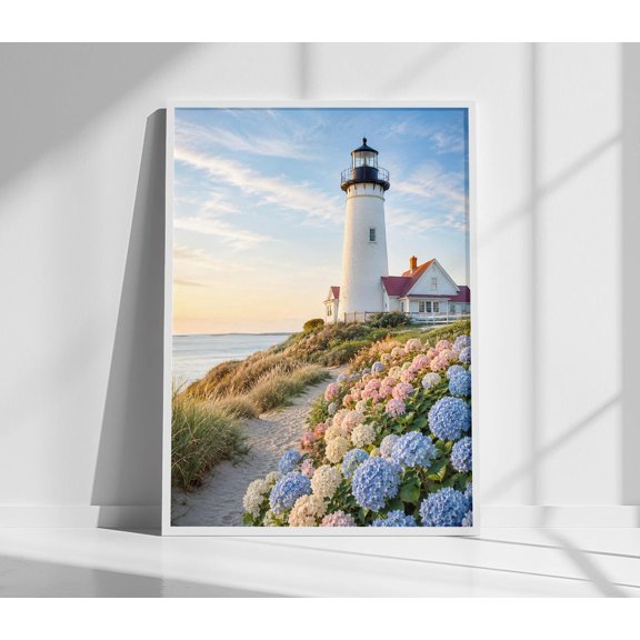Cape Cod Lighthouse Hydrangea Print New England Coastal Wall Art White Tower Beach Path