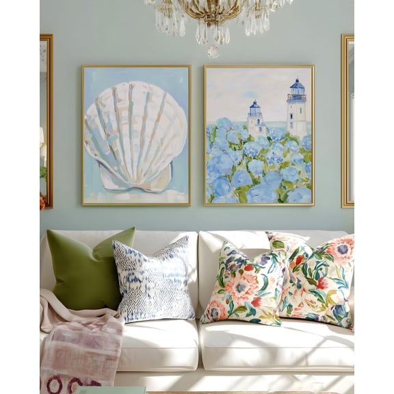 Cape Cod Lighthouse Seashell Wall Art Print Set Of 2 With Hydrangea Decor