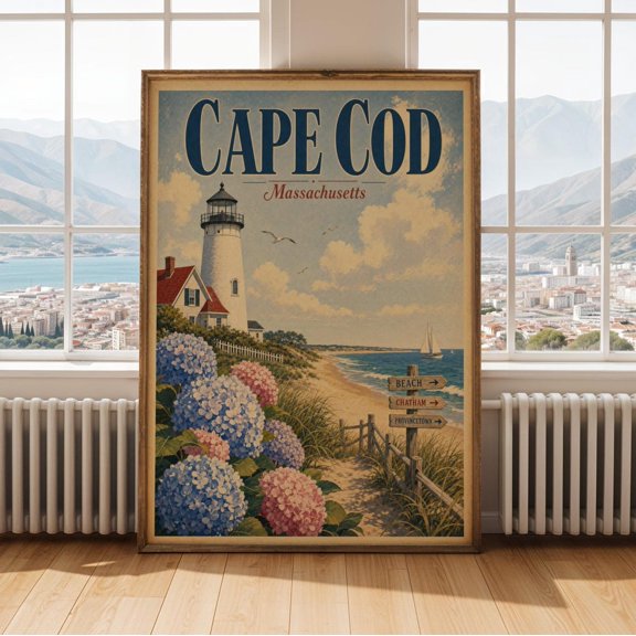 Cape Cod Lighthouse Wall Art Print, Massachusetts Vintage Coastal Travel Decor