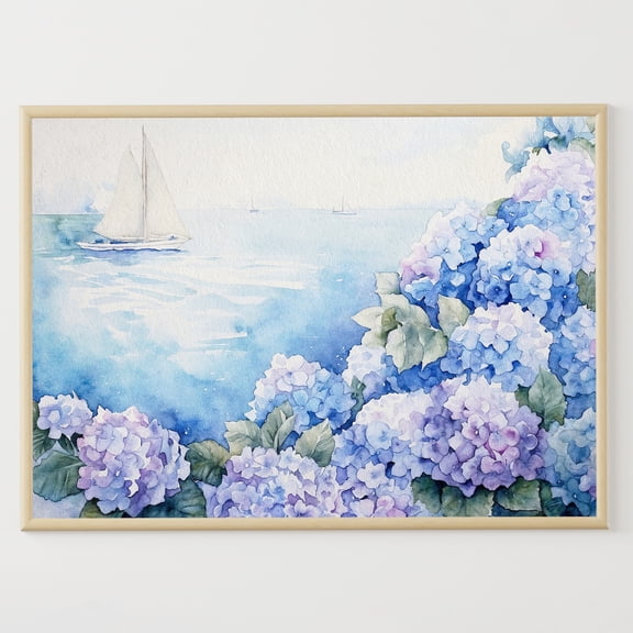 Cape Cod Nantucket Hydrangeas Poster, Sailboat Nautical, Coastal Living Room And Gallery Wall Decor