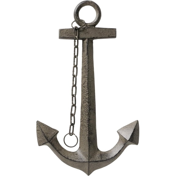 Cape Cod Nautical Anchor Wall Sculpture with Drapable Chain, Cast Iron, Vintage Finish, Brown, 19 Inches, Indoor or Outdoor Display