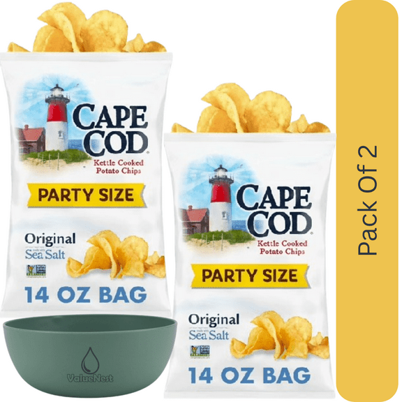 Cape Cod Original Kettle Cooked Potato Chips, Party Size, 14 oz Bag With Olive Green Bowl By ValueNest