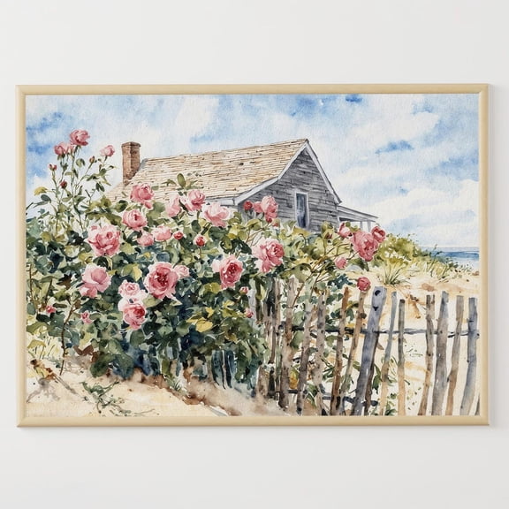 Cape Cod Poster: Beach House, Roses Garden Coastal Art, Unframed Poster Size 12x18