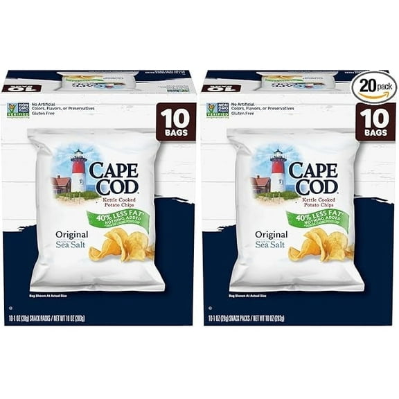 Cape Cod Potato Chips, Less Fat Original Kettle Chips, 1 oz Snack Bags, 20 total count