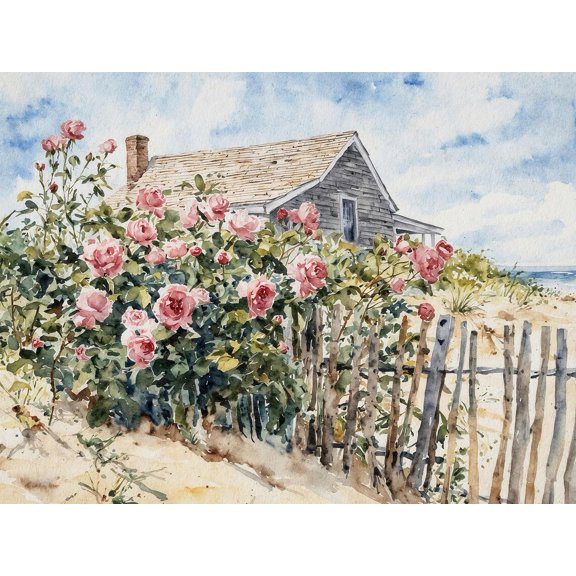 Cape Cod Print Beach House Roses Garden Coastal Art