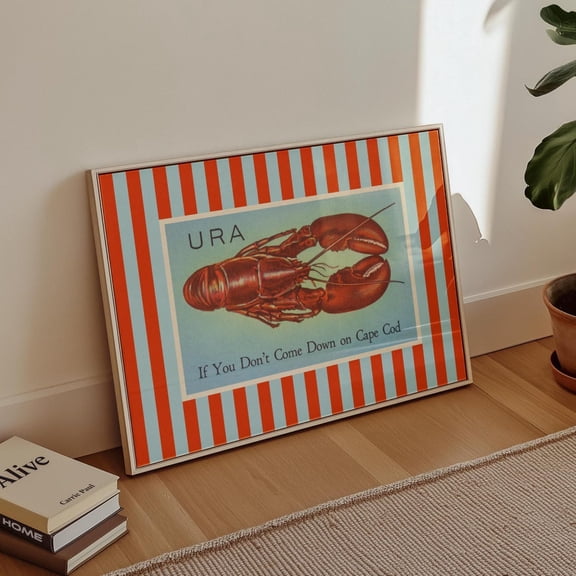 Cape Cod Print Massachusetts Wall Art Vintage Lobster Print Blue Red Cape Cod Wall Decor Horizontal Usa Travel Home Decor #539, Unframed Poster Size 24x36