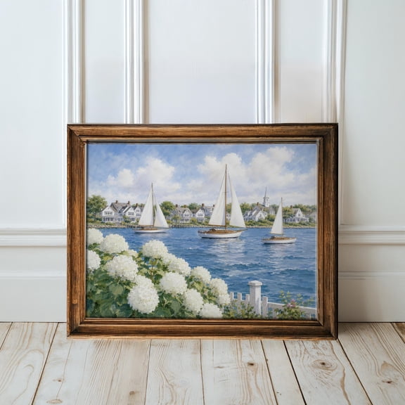 Cape Cod Sailboat Hydrangea Cottage Beach Themed Preppy Coastal Ocean Nursery Poster , Poster Print Only