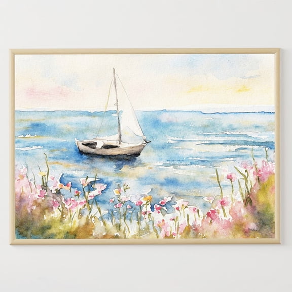 Cape Cod Sailboat Poster: Beach Roses Seascape Art, Unframed Canvas Size 8x12