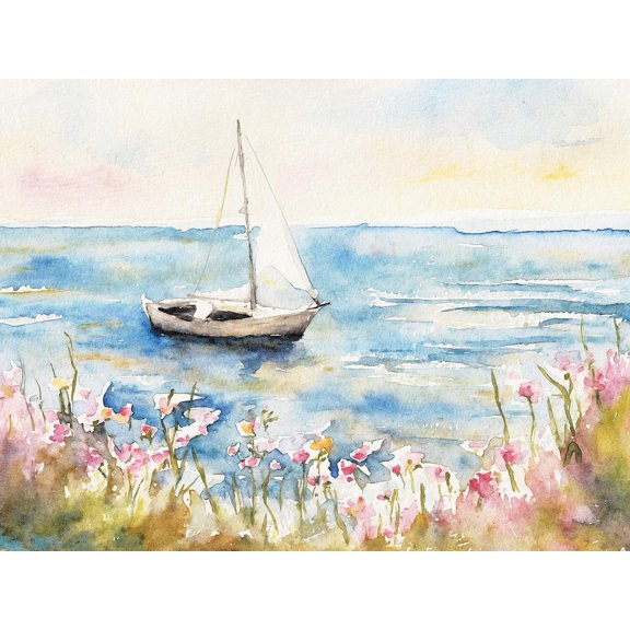 Cape Cod Sailboat Wall Art Print, Beach Roses Seascape And Coastal Home Decor