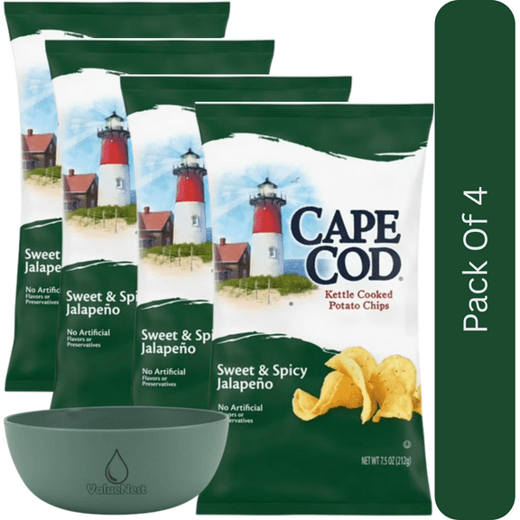 Cape Cod Sweet & Spicy Jalapeno Crunch Kettle Cooked Potato Chips, 7.5 oz Bag With Olive Green Bowl By ValueNest