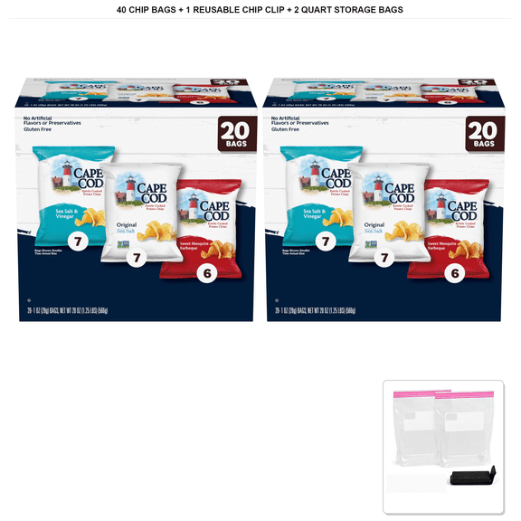 Cape Cod Variety Pack Chips, 40 Bags x 1 oz + 1x Reusable Chip Clip & 2x Quart Resealable Food Storage Bags
