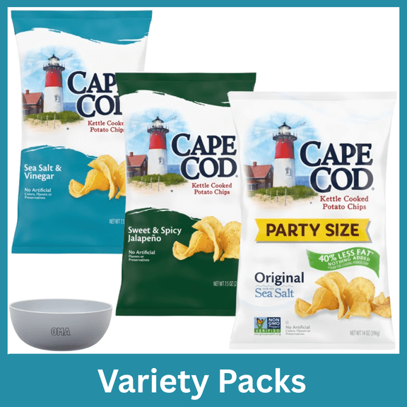 Cape Cod Variety Pack Less Fat Original Kettle Chips Party Size 14 oz, Sweet & Spicy Jalapeo Kettle Chips 7.5 oz & Sea Salt & Vinegar Kettle Chips 7.5 oz with Bowl by OMA
