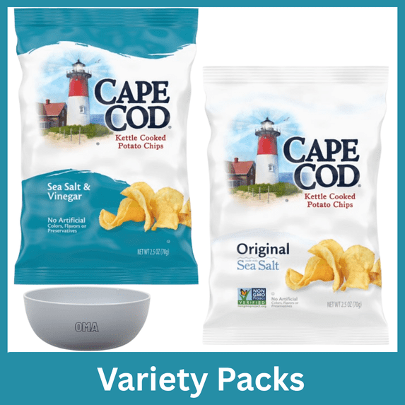 Cape Cod Variety Pack Sea Salt & Vinegar Kettle Chips 2.5 oz & Original Kettle Chips 2.5 oz with Bowl by OMA