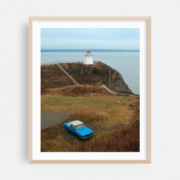 Cape Enrage Lighthouse - New Brunswick Canada Photography Lighthouse Coast Vintage Car Landscape Scenic Travel Poster Oak Framed Wall Art Print 8 x 10 inches