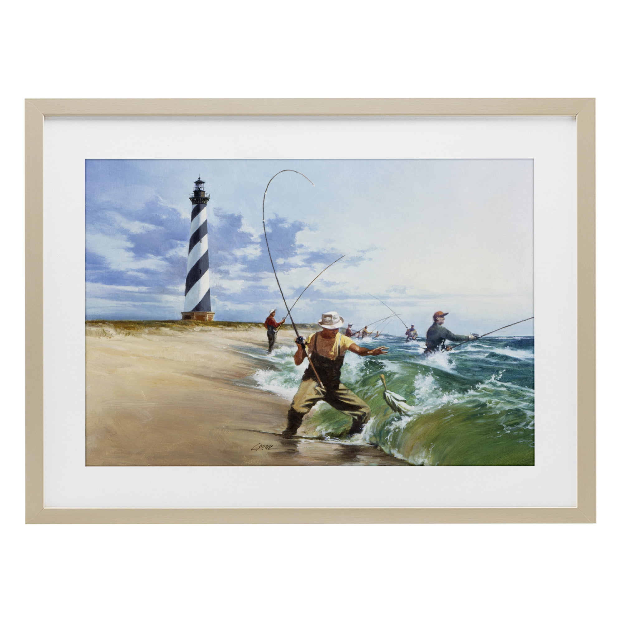 Cape Hatteras Fishermen Birch Framed Print Under Glass, design by Wind River Studios