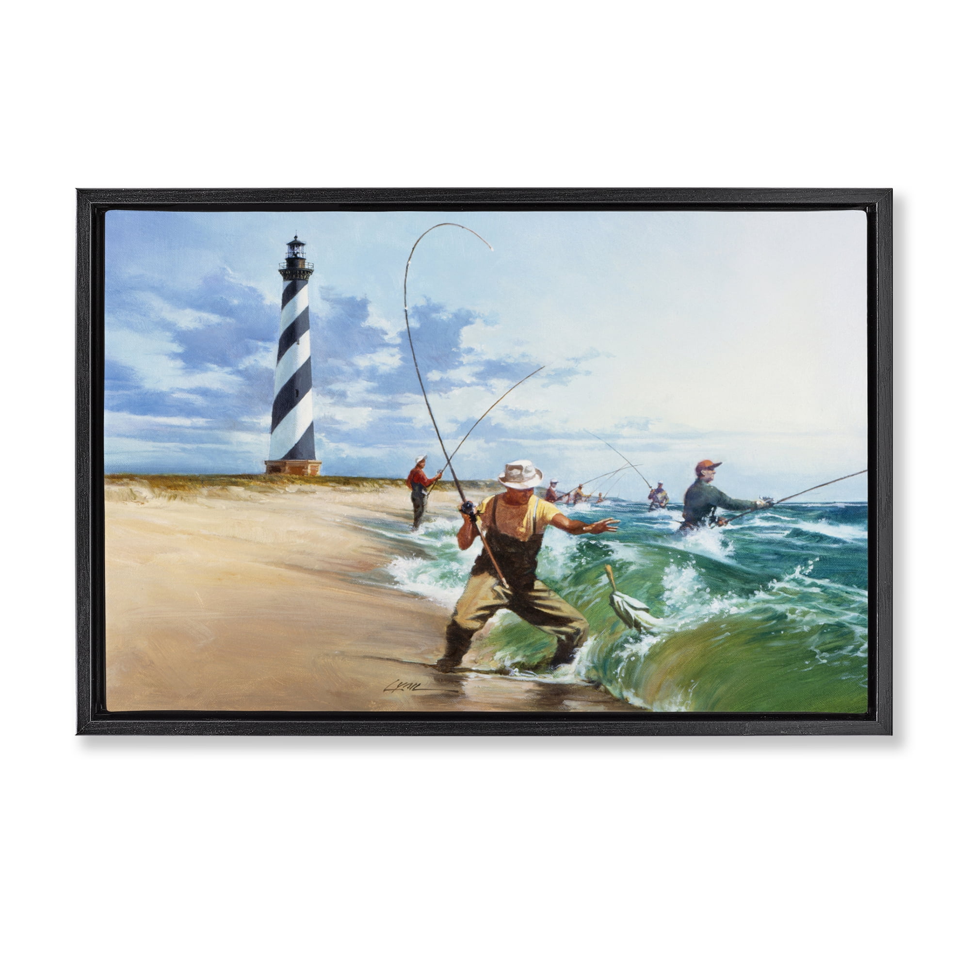 Cape Hatteras Fishermen Black Framed Floater Canvas Wall Art, design by Wind River Studios