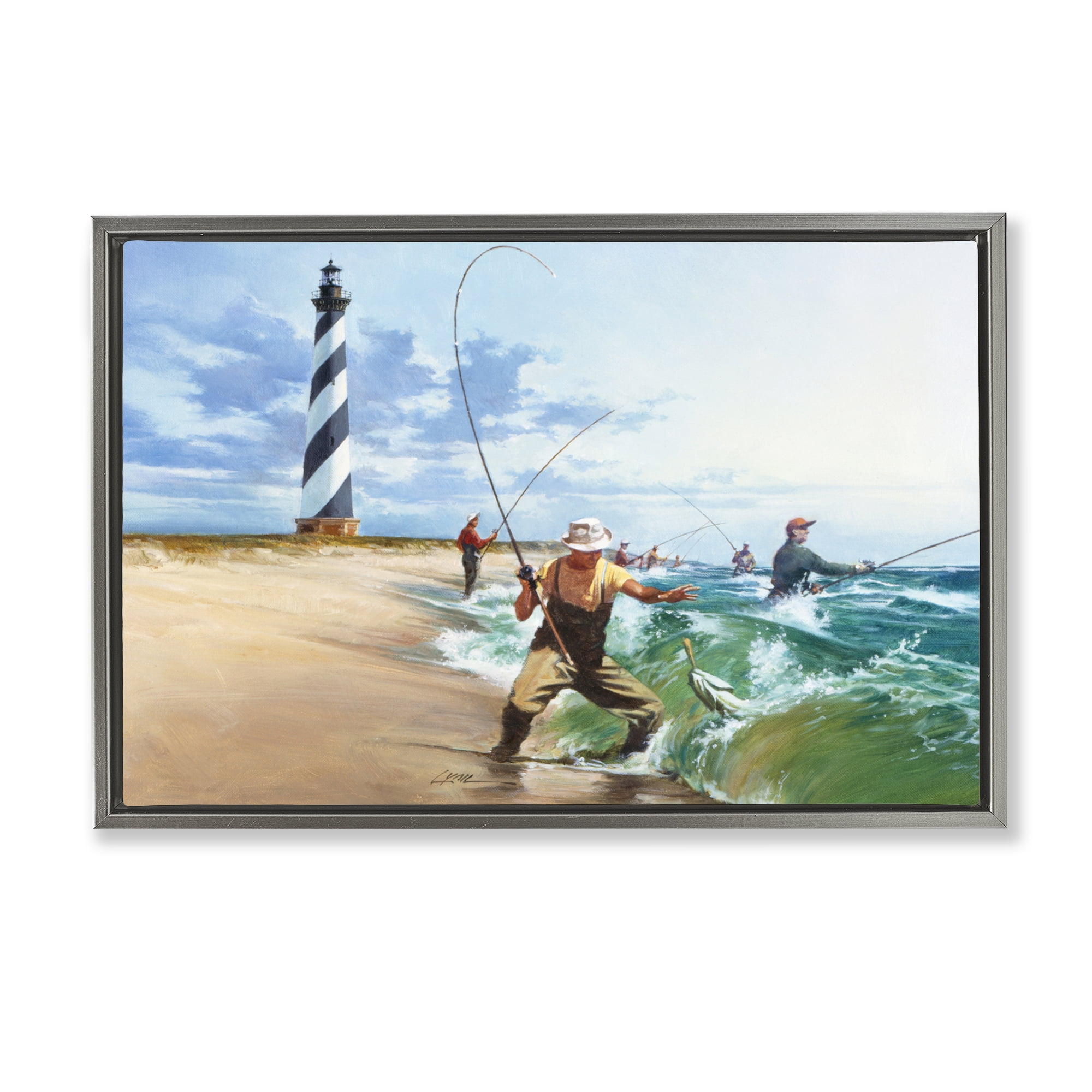 Cape Hatteras Fishermen Gray Framed Floater Canvas Wall Art, design by Wind River Studios
