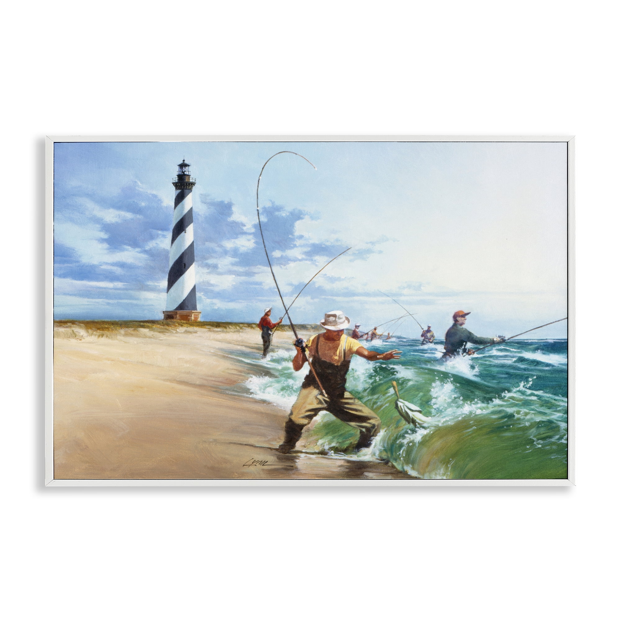 Cape Hatteras Fishermen White Framed Giclee Art, design by Wind River Studios