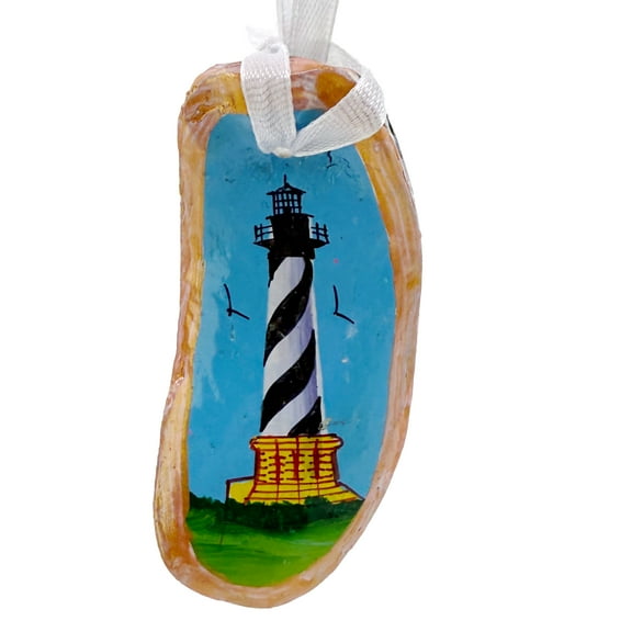Cape Hatteras Ornament - Hand Painted Oyster Shell Christmas Tree Holiday Light House Beach Decoration